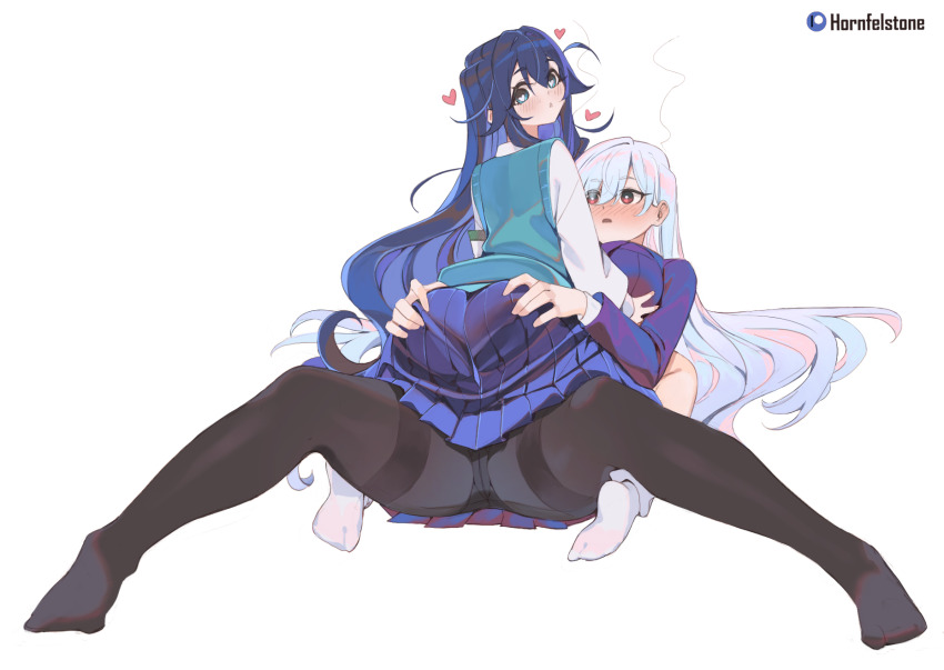 ass_grab bangs blue_eyes blue_hair blush clothed drugged expressionless female_only femsub heart heart_eyes hornfelstone huge_breasts kiss_zombie legs looking_at_viewer looking_back nano_eiai panties pantyhose red_eyes school_uniform shirt shizuka_yoshimoto signature simple_background skirt socks sweater symbol_in_eyes the_100_girlfriends_who_really,_really,_really,_really,_really_love_you upskirt very_long_hair white_background white_hair yuri