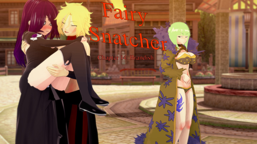 black_eyes black_hair blonde_hair blush brandish_q_(fairy_tail) carrying closed_eyes clothed cover cyanstargazer dimaria_yesta english_text fairy_tail female_only femdom femsub green_hair long_hair multiple_girls short_hair text white_eyes whitewash_eyes