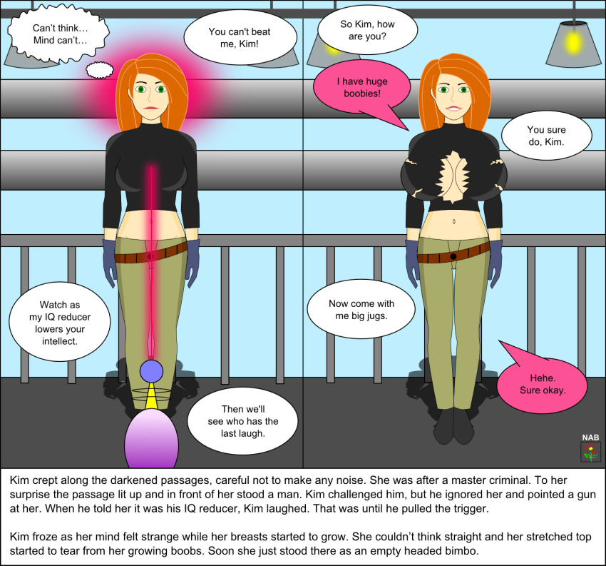 before_and_after bimbofication breast_expansion dialogue empty_eyes femsub happy_trance kim_possible kim_possible_(series) large_breasts nabs001 orange_hair raygun text