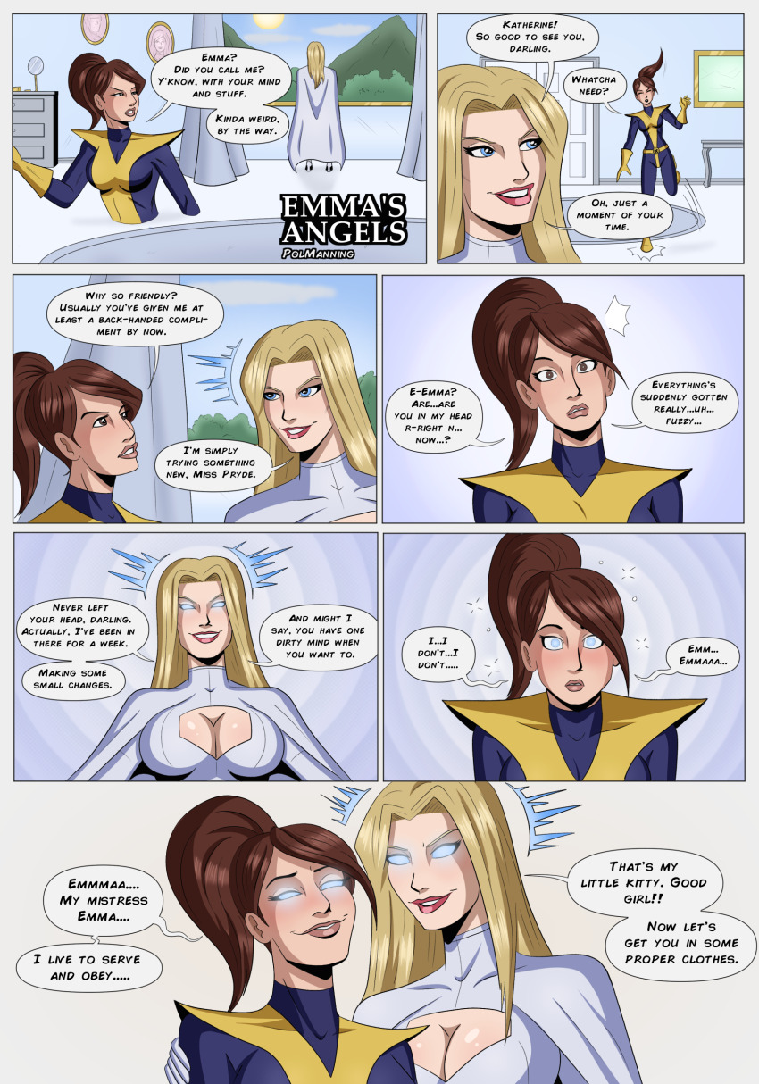 blonde_hair blue_eyes breasts brown_eyes brown_hair cape cleavage cleavage_cutout comic dialogue emma_frost female_only femdom femsub gloves glowing_eyes happy_trance kitty_pryde long_hair marvel_comics multiple_girls polmanning ponytail short_hair smile speech_bubble super_hero telepathy text whitewash_eyes x-men
