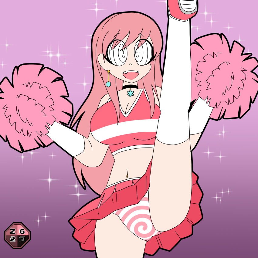 absurdres bangs breasts cheerleader choker crop_top earrings female_only femsub happy_trance long_hair midriff open_mouth original panties simple_background skirt socks spiral spiral_eyes standing_split symbol_in_eyes upskirt zombi62