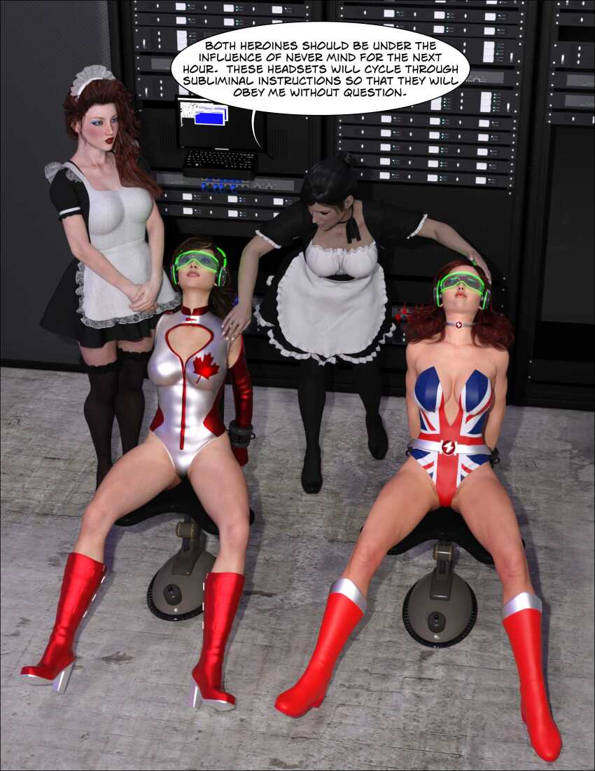 3d absurdres arms_behind_back bare_shoulders belt black_hair boots breasts british_bolt brown_hair choker cleavage cleavage_cutout corruption crossed_eyes cuffs dazed dialogue dress exposed_chest expressionless face_mask female_only femsub hair_buns hand_on_head headphones high_heels leotard long_hair maid maid_headdress maple_leaf member9 multiple_doms multiple_girls multiple_subs original ponytail red_hair resisting restrained sitting speech_bubble spread_legs super_hero tech_control text tied_hair visor zipper