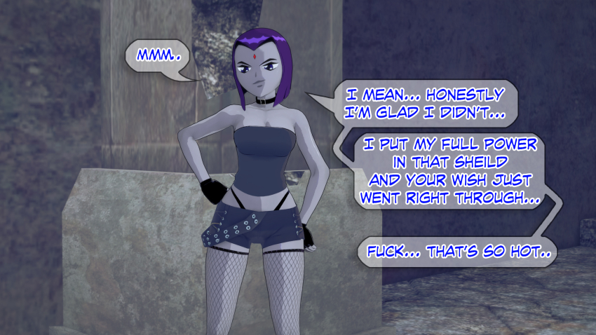 choker clothed dc_comics dialogue dogdog english_text female_only femsub fishnets gloves goth grey_skin purple_eyes purple_hair raven solo text