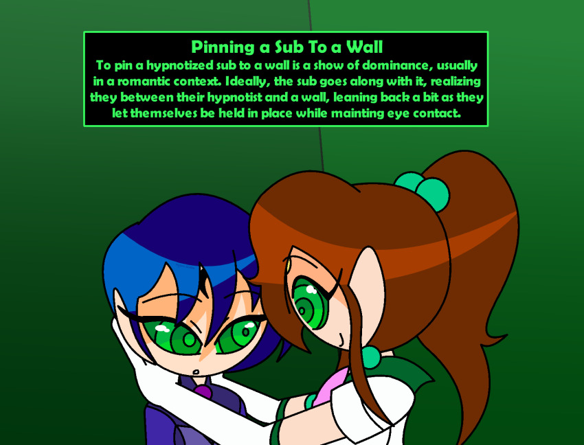 aged_up blue_hair brown_hair clothed earrings english_text eye_color_change femdom gloves green_background green_eyes heterosexual hypnoscream hypnotic_eyes long_hair malesub ponytail posing prince_saphir sailor_jupiter sailor_moon_(series) short_hair simple_background smile text