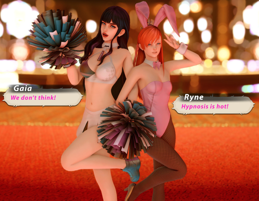 3d alternate_costume artiblessing_(blessinginlewd) bare_legs bare_shoulders black_hair blue_eyes bunny_ears bunny_girl bunnysuit cheerleader choker cleavage cuffs dialogue english_text female_only femsub final_fantasy final_fantasy_xiv gaia_(final_fantasy_xiv) happy_trance high_heels legs long_hair looking_at_viewer midriff navel orange_hair ryne smile square_enix text v