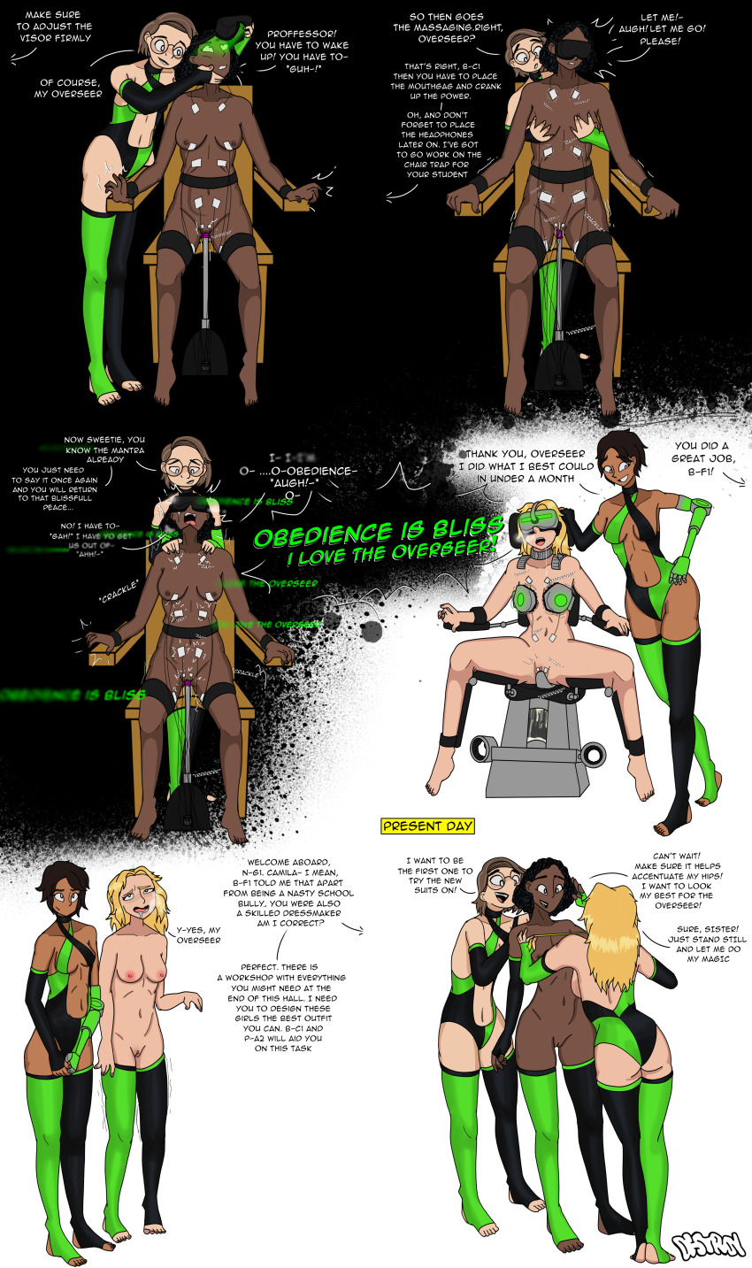 black_hair blonde_hair bridal_gauntlets camila_(pawns_desire) dark_skin dildo femsub hypnotized_assistant hypnotized_hypnotist maddie_(pawns_desire) milking_machine natasha_(pawns_desire) nia_(pawns_desire) nude opera_gloves overseer_(pawns_desire) pawns_desire resisting restrained swimsuit tech_control thighhighs tragicsolitudedragon uniform visor wires