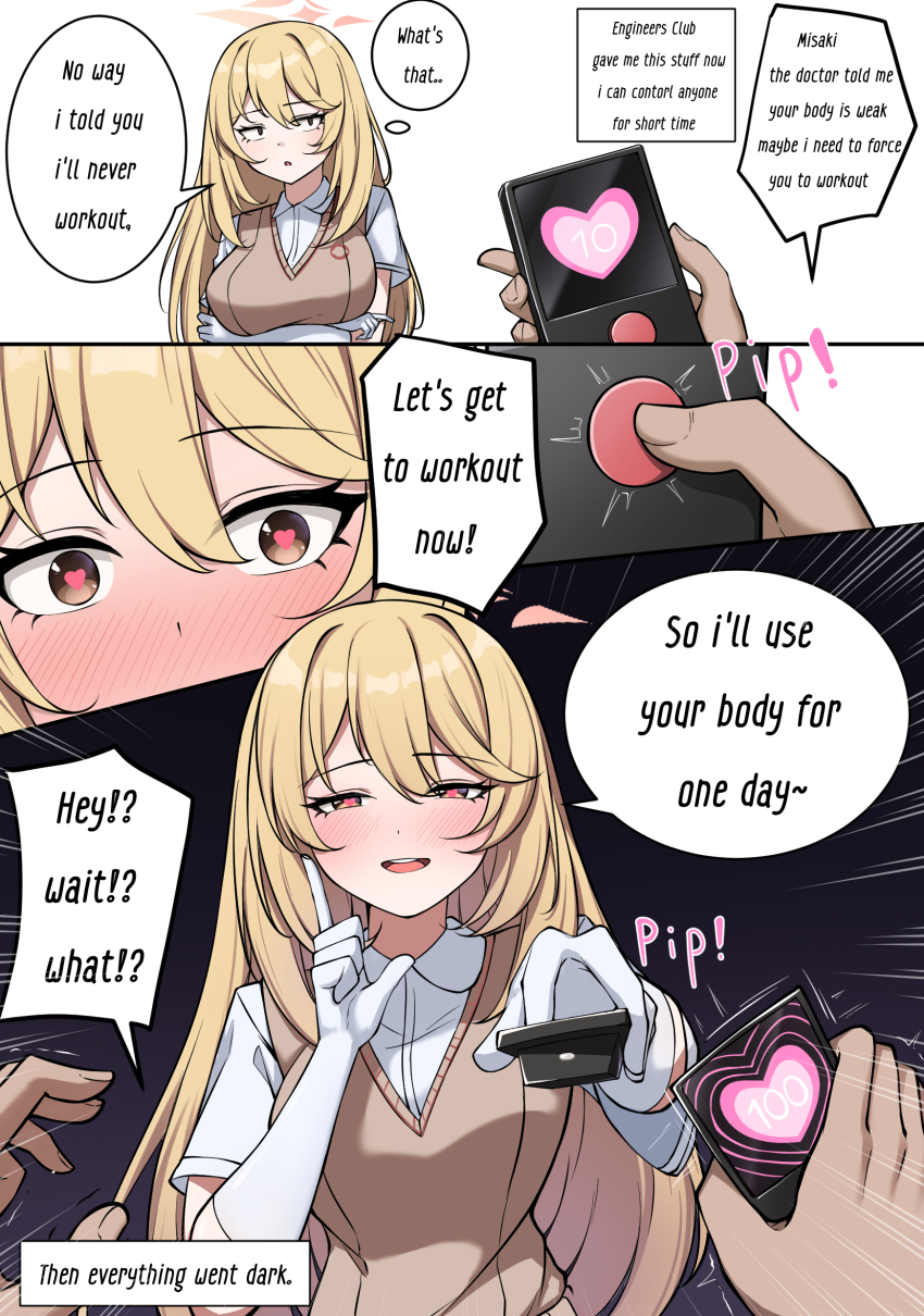 a_certain_scientific_railgun absurdres blonde_hair blue_archive blush breasts comic english_text eyebrows_visible_through_hair femdom femsub gekhuay gloves gradient_background halo heart heart_eyes hypnotized_hypnotist large_breasts long_hair maledom malesub misaki_shokuhou opera_gloves remote_control school_uniform shirt simple_background speech_bubble symbol_in_eyes tech_control text turning_the_tables vest white_background