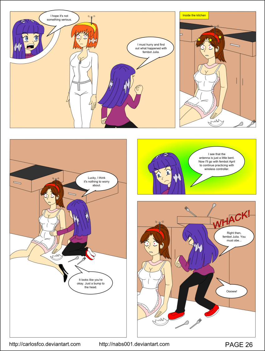 april_o&#039;neil brown_hair carlosfco comic dialogue fembot femdom femsub julia_(carlosfco) kigi_(carlosfco) large_breasts long_hair maid nabs001_(colorist) orange_hair original purple_hair short_hair tech_control teenage_mutant_ninja_turtles text