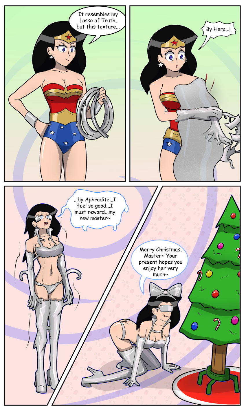 ass black_hair christmas christmas_tree comic dc_comics dialogue femsub happy_trance hy2300 large_breasts long_hair text wonder_woman