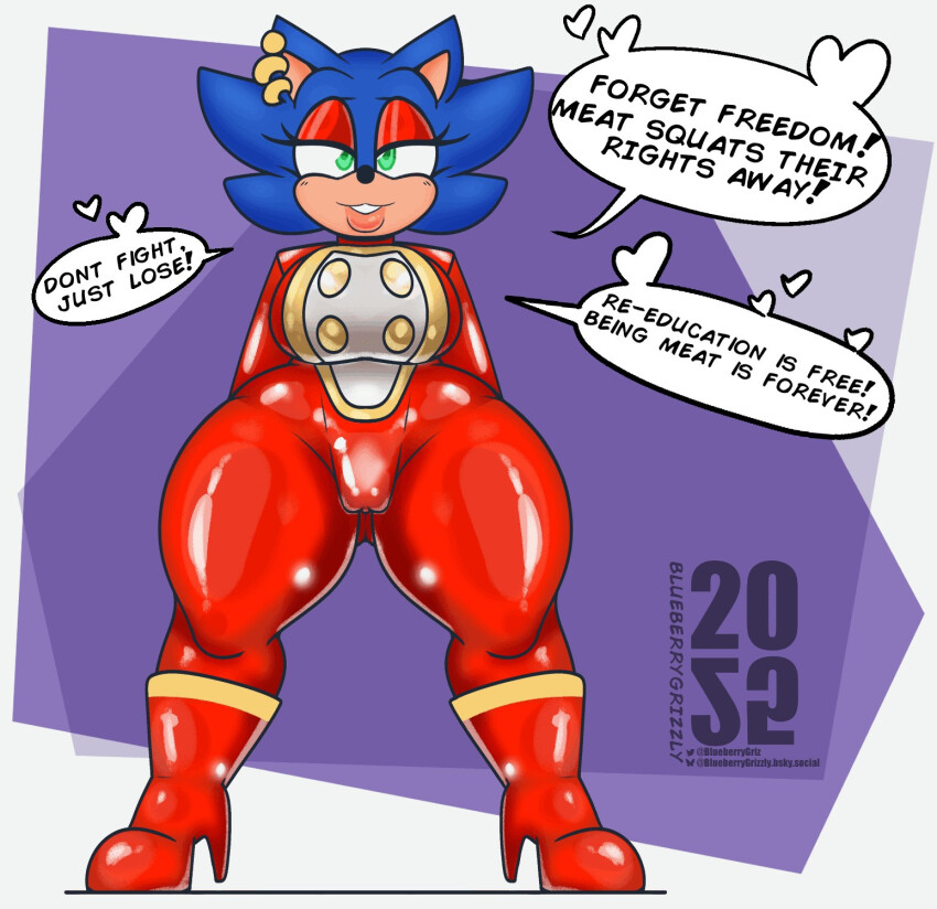 absurdres ahegao altered_common_sense alternate_costume animal_ears blueberrygrizzly bodysuit clothed clothed_exposure dazed female_only femsub furry genderswap gloves happy_trance hedgehog_girl high_heels huge_breasts latex mantra meat_corp open_mouth puppet pussy rubber smile solo sonic_the_hedgehog sonic_the_hedgehog_(series) squatting standing standing_at_attention tech_control tongue tongue_out