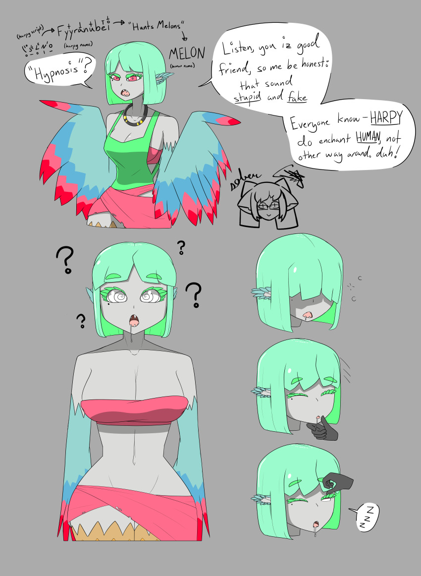 before_and_after bird_girl breasts bubble chin_hold cleavage collarbone confused dialogue drool elf_ears expressionless eye_roll eyebrows_visible_through_hair eyelashes eyes_held_open female_only femsub green_hair grey_skin harpy_girl heavy_eyelids large_breasts melon_(sobergin) mole monster_girl navel necklace open_mouth original red_eyes scales sharp_teeth short_hair sideboob signature sleeping sobergin spiralwash_eyes tank_top text thick_thighs thighs tube_top wings