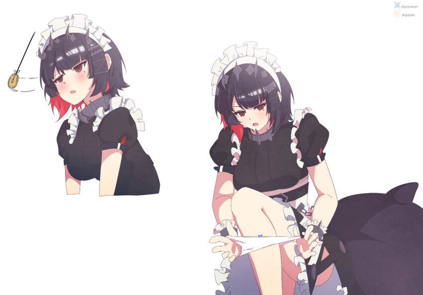 before_and_after belt black_hair blush brown_eyes coin collar crop_top cuffs dress ellen_joe empty_eyes expressionless eyebrows_visible_through_hair femsub gojulas hair_ornament hairpin hypnovember leaning_forward legs long_skirt maid maid_headdress mole multicolored_hair no_panties open_mouth panties pendulum red_hair simple_background skirt sweater undressing white_background zenless_zone_zero