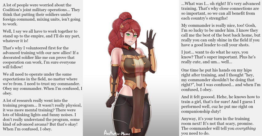 aestheticc-meme alternate_hairstyle armor blush bracers braid caption caption_only cleavage clothed femsub gloves gradient_background green_eyes happy_trance huge_breasts hypnotic_light hypnotized_assistant looking_at_viewer maledom mantra monsieurchuchote_(writer) opera_gloves ponytail pyrrha_nikos red_hair rwby signature simple_background smile tagme text unaware very_long_hair white_background