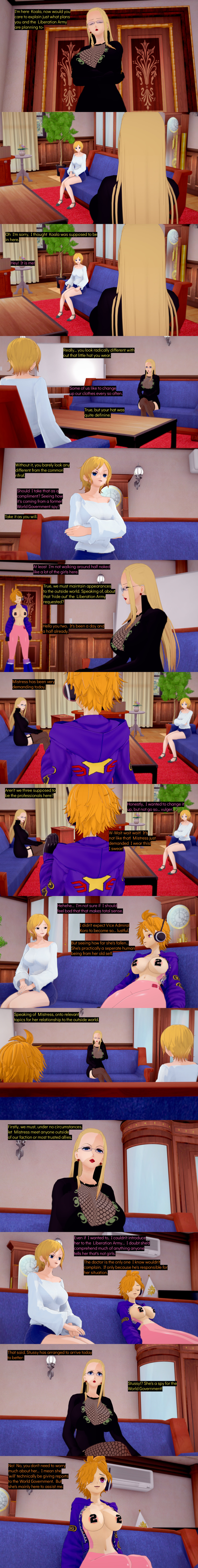 3d absurdres angry blonde_hair blue_eyes breasts brown_hair closed_eyes clothed cyanstargazer dialogue english_text female_only glasses hair_covering_one_eye kalifa_(one_piece) koala_(one_piece) lipstick long_hair multiple_girls one_piece orange_eyes orange_hair pasties red_lipstick short_hair text vegapunk_lilith