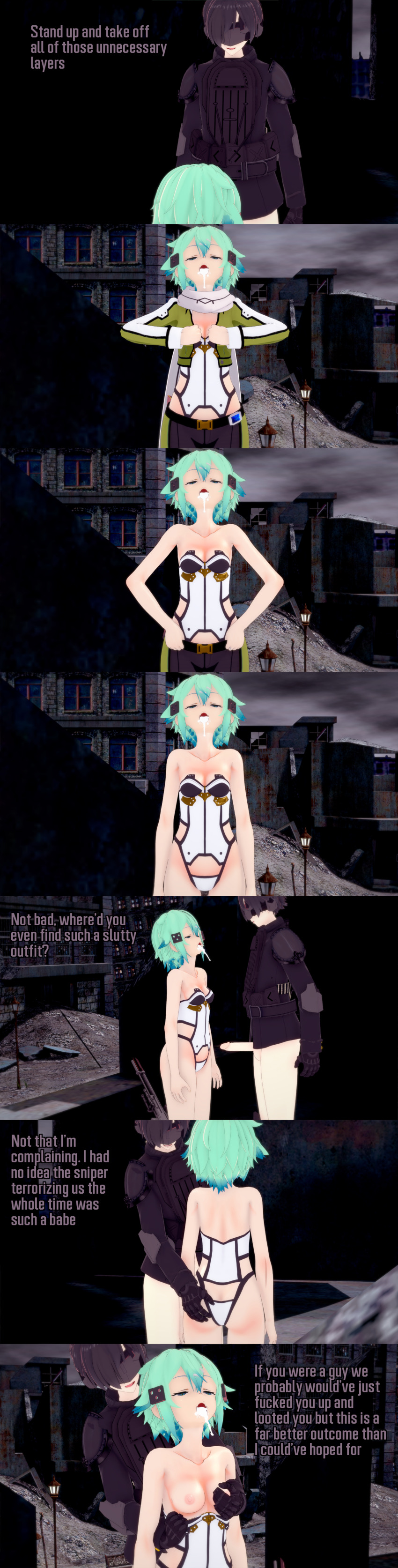 absurdres ass_grab black_hair breasts cum cum_in_mouth dialogue empty_eyes english_text expressionless femsub green_eyes green_hair groping maledom nipples nude penis shino_asada short_hair sword_art_online text undressing undressing_command zenin1