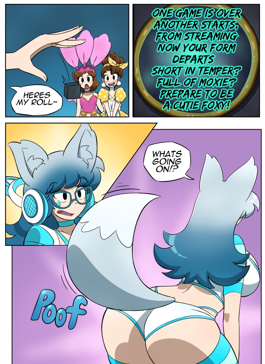 apron brown_hair comic dress earrings fox_ears fox_tail glasses hair_color_change headphones kobi94 long_hair magic poem short_hair short_shorts showgirl silver_hair speech_bubble text thighhighs tied_hair transformation