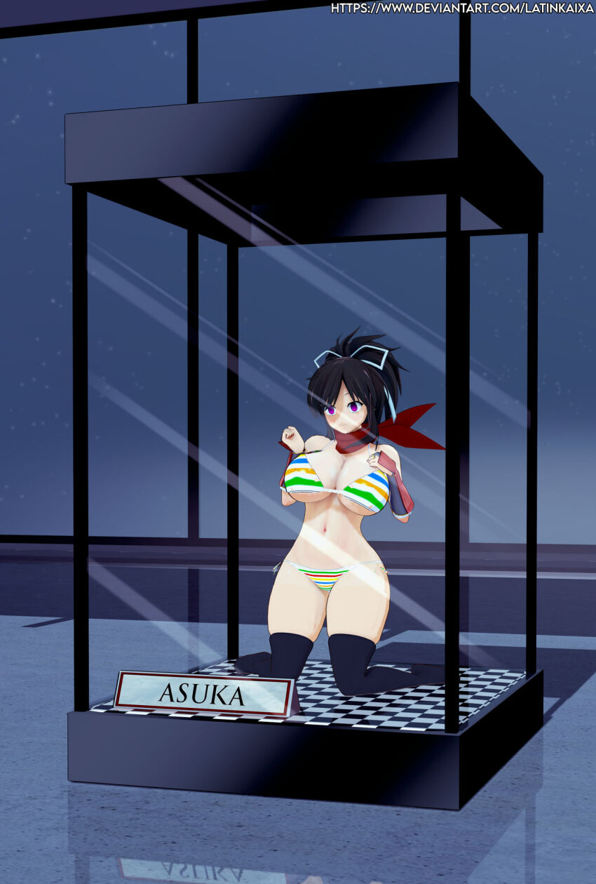 3d asuka_(senran_kagura) display dollification empty_eyes femsub happy_trance large_breasts latinkaixa posed senran_kagura swimsuit