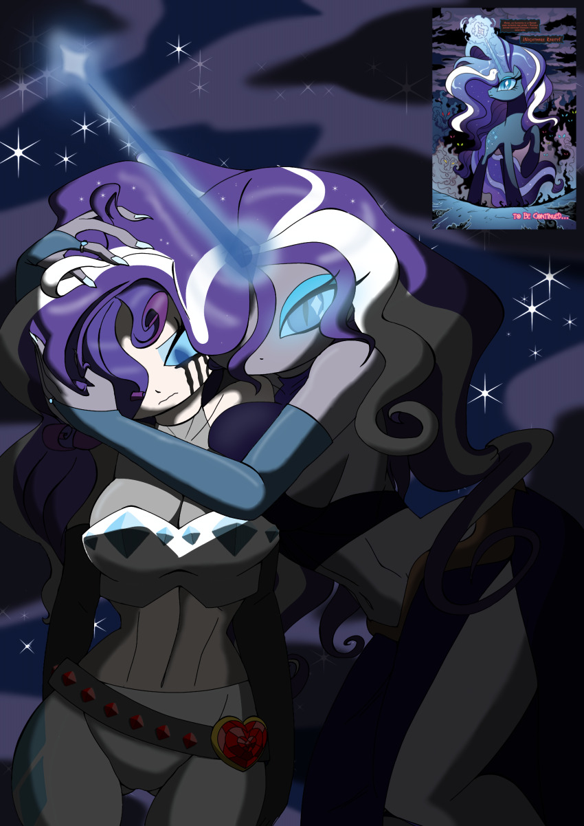 absurdres belt blue_eyes corruption eyeshadow femdom femsub fingerless_gloves furry gloves glowing glowing_eyes hair_covering_one_eye hand_on_head large_hips leaning_forward magic my_little_pony navel nightchaotic nightmare_rarity opera_gloves pants possession purple_hair rarity runny_makeup standing tears unhappy_trance unicorn_girl very_long_hair