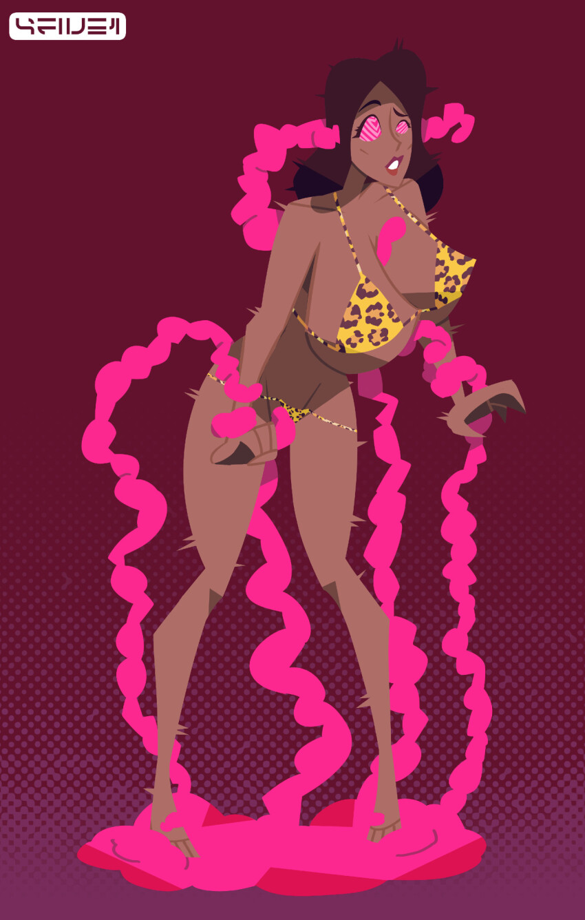 4five1 dark_skin dazed female_only femsub huge_breasts leopard_print micro_bikini solo tagme