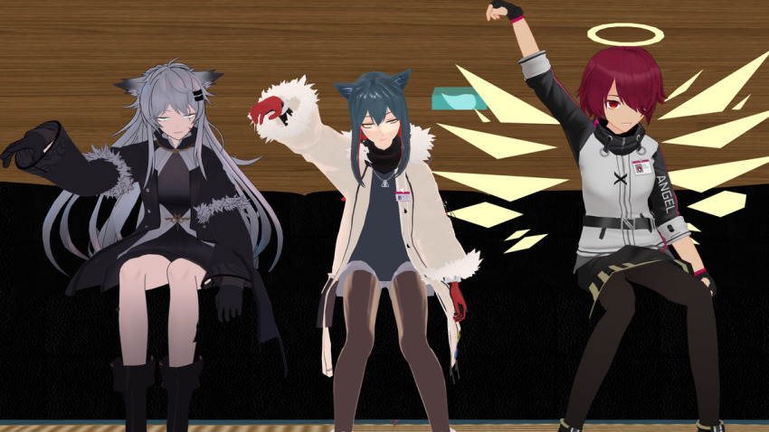 3d airmotor alternate_costume angel angel_girl animal_ears arknights arm_levitation bare_legs black_hair blue_eyes boots clothed coat couch crossed_eyes dress empty_eyes exusiai_(arknights) female_only femsub fingerless_gloves fur_coat gloves grey_hair hair_clips hair_covering_one_eye halo heavy_eyelids hoodie id_card jacket jewelry lappland_(arknights) long_hair mmd multicolored_hair multiple_girls multiple_subs necklace office open_mouth orange_eyes pantyhose red_eyes red_hair scar scarf scars sharp_teeth short_hair shorts sitting skirt texas_(arknights) tights traditional_hypnosis upskirt wings wolf_girl zipper