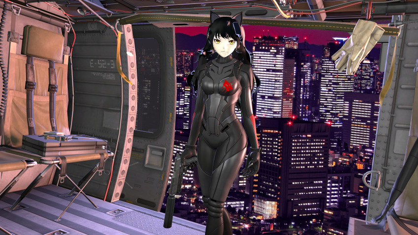 3d absurdres animal_ears bangs black_hair blake_belladonna bodysuit breasts clothed corruption enemy_conversion female_only femsub gloves gun long_hair robotization rwby small_breasts solo tech_control tepmarmy tight_clothing weapon yellow_eyes