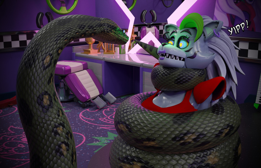 3d breasts coils disney femsub five_nights_at_freddy&#039;s five_nights_at_freddy&#039;s:_security_breach furry green_hair itsybitsystories kaa kaa_eyes lipstick makeup maledom purple_hair robot robot_girl roxanne_wolf silver_hair snake the_jungle_book wolf_girl