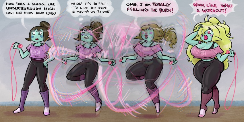 ass_expansion before_and_after bimbofication blonde_hair breast_expansion brown_hair cleavage clothed crop_top exercise female_only femsub green_eyes green_skin hair_growth hand_on_head hand_on_hip hourglass_figure kneehighs large_breasts lip_expansion lipstick makeup midriff mr-dna original pink_eyes pink_lipstick self_hypnosis short_hair socks speech_bubble sports_bra text thought_bubble transformation very_long_hair wide_hips yoga_pants