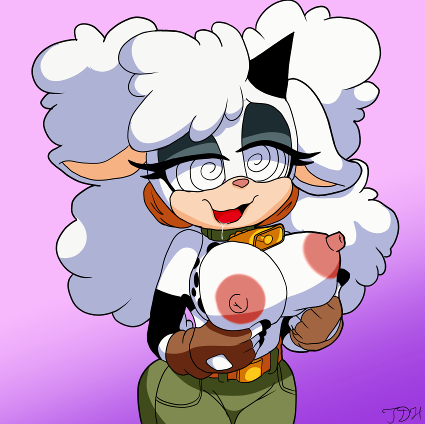 absurdres breast_fondling breasts character_request cow_print cowbell drool furry lanolin_the_sheep large_breasts nipples pink_background purple_background simple_background smile sonic_the_hedgehog_(series) source_request spiral spiral_eyes thedrawing