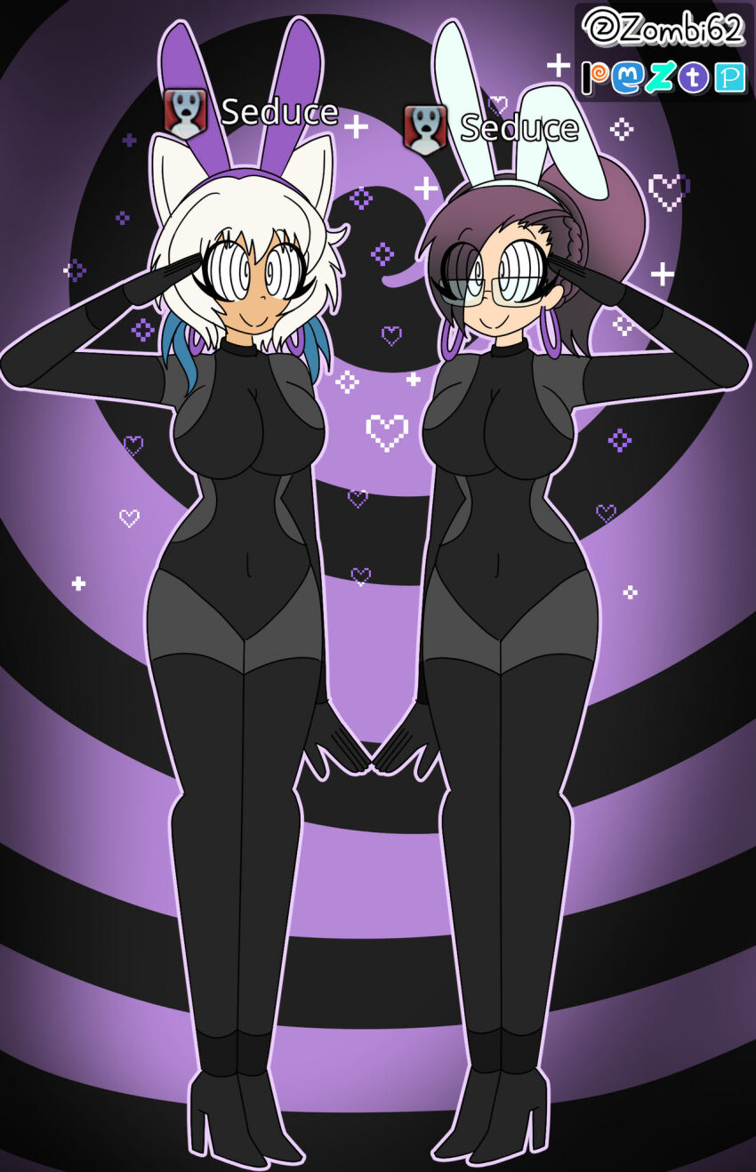 alternate_costume breasts bunny_ears bunny_girl bunnysuit charm_(spell) clothed dronification earrings fake_animal_ears female_only femsub final_fantasy final_fantasy_xiv gameplay_mechanics happy_trance heart high_heels large_breasts mai_solara miqo&#039;te original ponytail purple_hair saluting short_hair smile spiral_background spiralwash_eyes square_enix standing standing_at_attention symbol white_hair y&#039;shtola zombi62