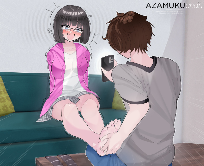 akiko_tsushima azamuku_chan barefoot black_hair blush brown_hair couch empty_eyes feet femsub glasses happy_trance hoodie kyou_koyama laughing maledom penlight phone sitting spiral tears tickling