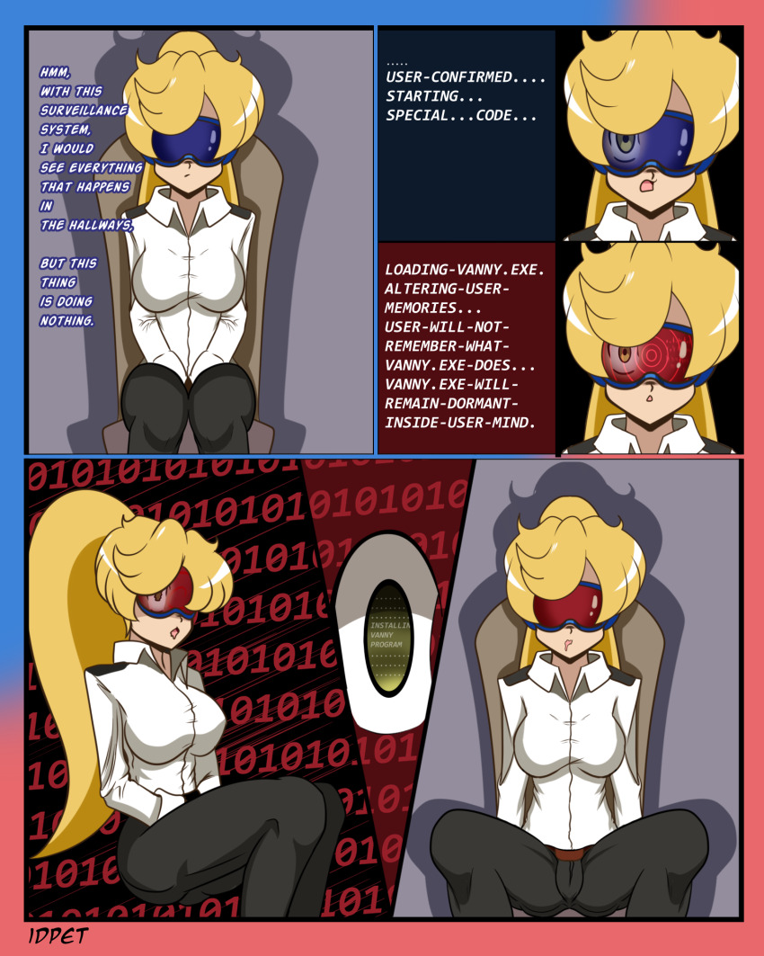 blonde_hair comic drool empty_eyes expressionless female_only femsub five_nights_at_freddy's five_nights_at_freddy's:_security_breach idpet ponytail split_personality spread_legs tech_control text trigger vanessa_(five_nights_at_freddy's) vanny visor