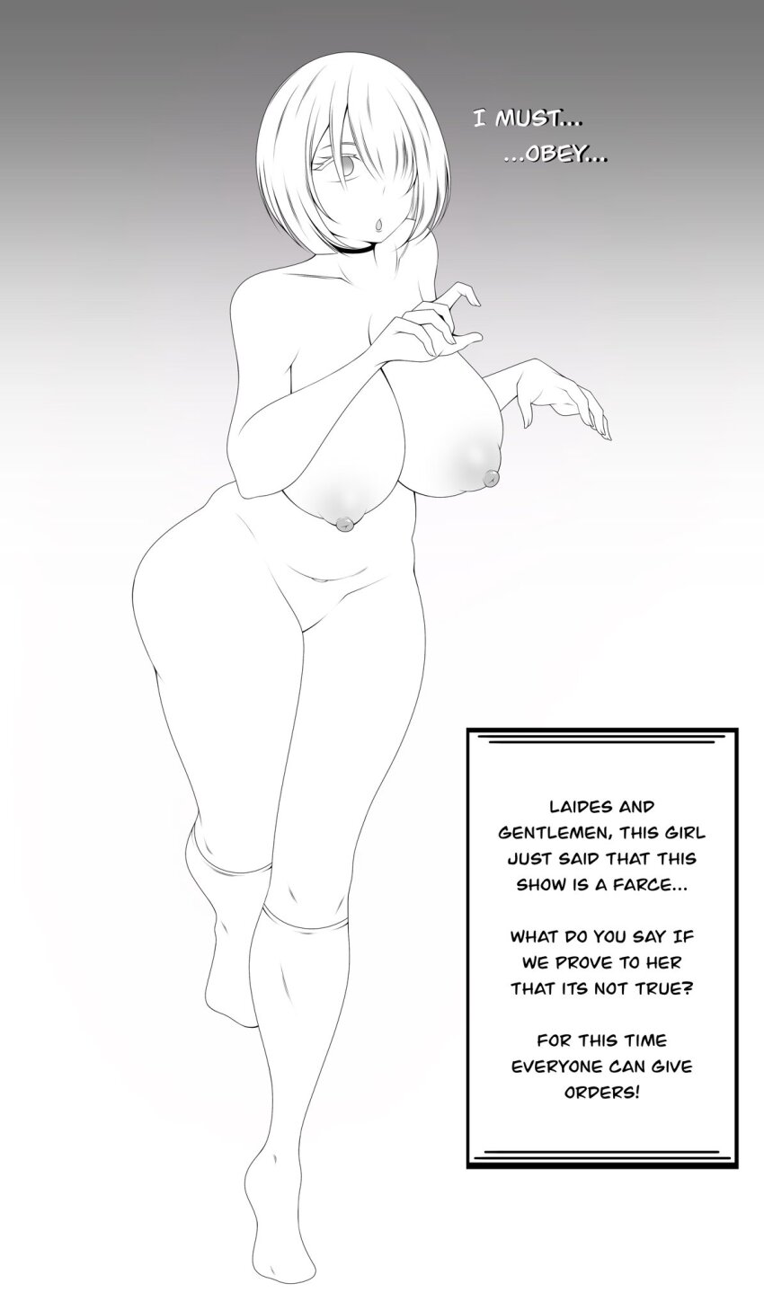 breasts choker denial dialogue empty_eyes female_only femsub fiona_frost greyscale hair_covering_one_eye huge_breasts hypnotized_walking jostony24k0 leaning_forward monochrome nipples nude short_hair socks solo spy_x_family stage_hypnosis text