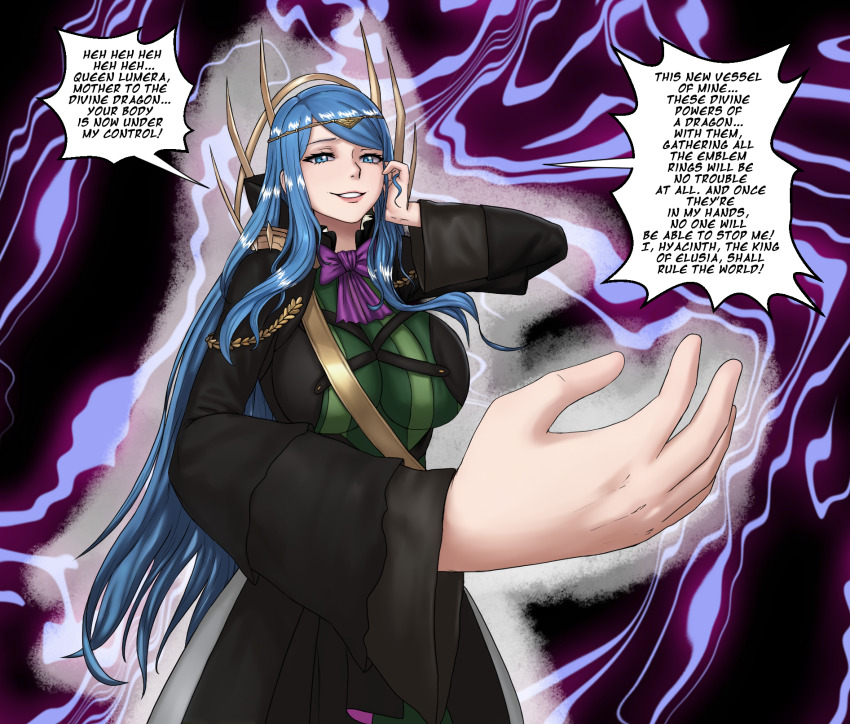 alternate_costume aura blue_eyes blue_hair breasts corruption cosplay crown dragon dragon_girl english_text evil_smile femsub fire_emblem fire_emblem_engage hand_on_head happy_trance hyacinth_(fire_emblem) large_breasts long_hair looking_at_viewer lumera_(fire_emblem) maledom nintendo possession queen smile speech_bubble text umbra_callistis