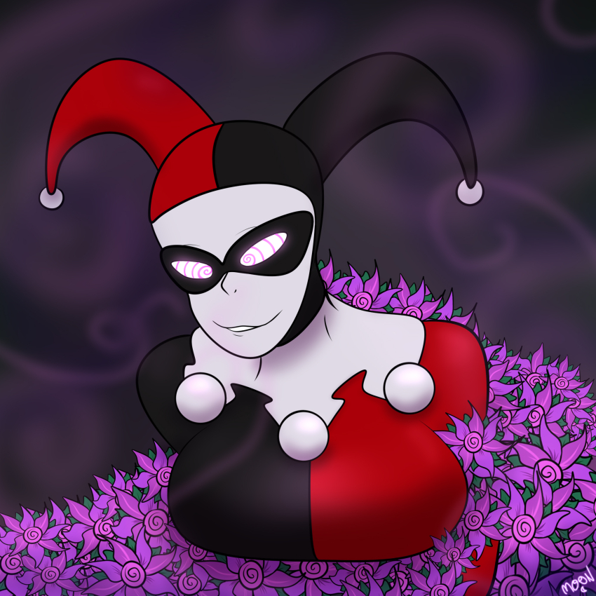 dc_comics female_only femsub flower glowing_eyes happy_trance harley_quinn hypnotic_flower jester m00n_key mask simple_background symbol_in_eyes