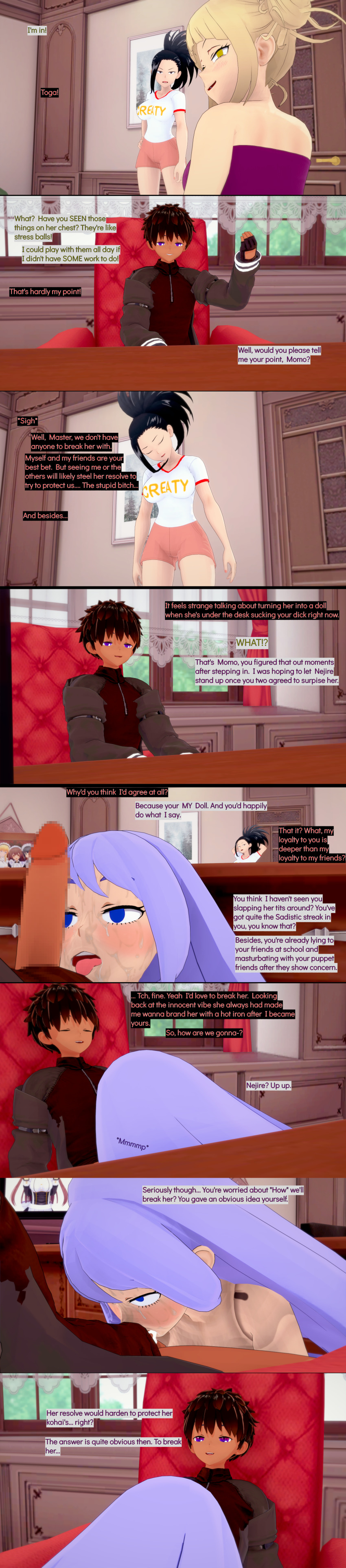 3d black_eyes black_hair blonde_hair blue_eyes cyanstargazer dark_skin deepthroat doll doll_joints english_text evil_smile femsub happy_trance himiko_toga koikatsu! maledom momo_yaoyorozu multiple_girls multiple_subs my_hero_academia nejire_hado puppet purple_eyes text under_table yellow_eyes