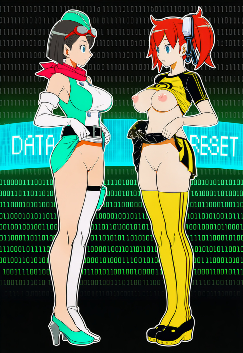 ai_art ami_aiba belt black_hair blue_eyes digimon digimon_story_cyber_sleuth digimon_story_time_stranger empty_eyes english_text exposed_chest expressionless femsub gloves goggles goggles_on_head hat hellsing002_(generator) high_heels kanan_yuki leggings mind_hack neckerchief nipples pussy red_hair side_ponytail stewardess tech_control thigh_boots