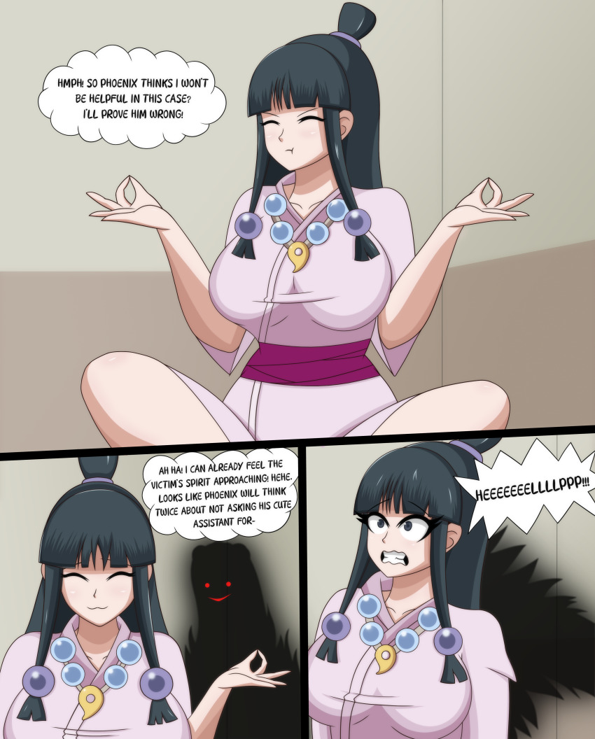 ace_attorney black_hair breasts capcom comic dahlia_hawthorne english_text evil_smile female_only femsub ghost long_hair maya_fey migirider ponytail possession smile surprised text unhappy_trance