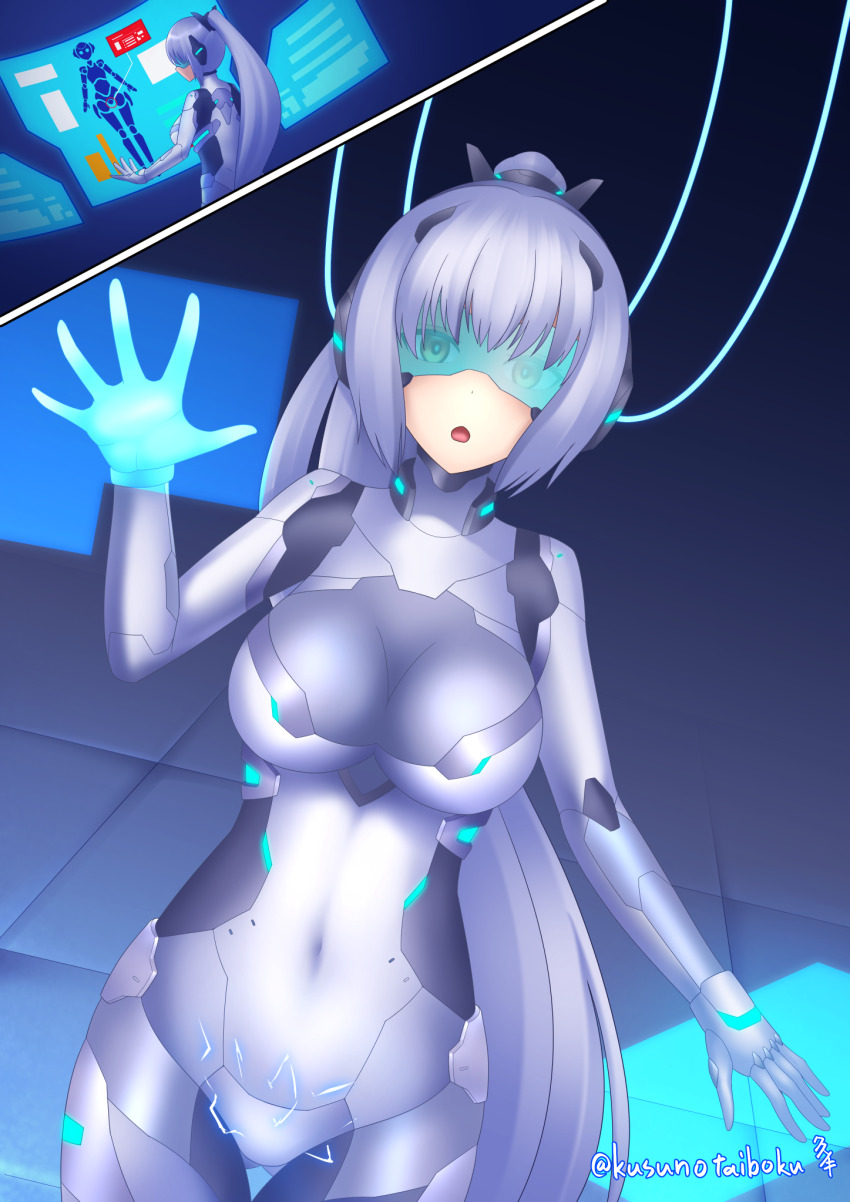 bangs bodysuit brain_drain breasts brown_eyes cables cleavage electricity empty_eyes femsub kusunotaiboku looking_at_viewer monitor open_mouth original ponytail robotization signature silver_hair standing tech_control visor wires