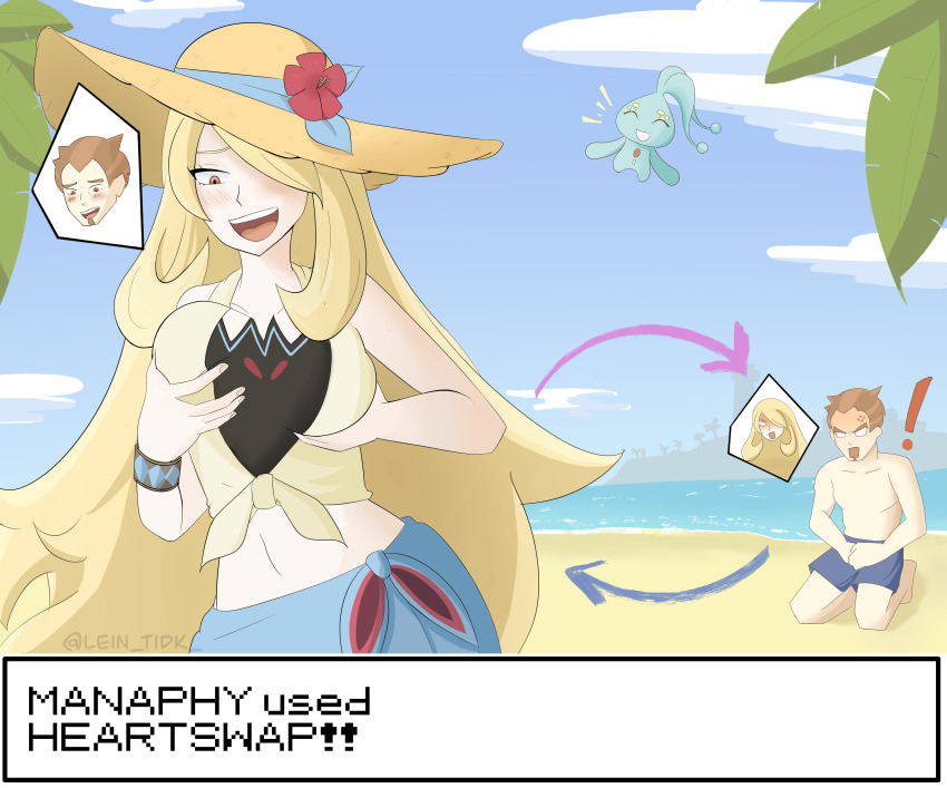 alternate_costume androgynous_dom angry arrow bare_shoulders barefoot beach blonde_hair blush body_swap breast_fondling brown_hair cynthia english_text eye_color_change femsub floating goatee hair_covering_one_eye hat holding_breasts kneeling leinst_(lein_tidk) maledom manaphy midriff navel nintendo orange_eyes outdoors pokemon pokemon_(creature) pokemon_diamond_pearl_and_platinum possession short_hair sitting smile swimsuit symbol text topless trees very_long_hair white_eyes