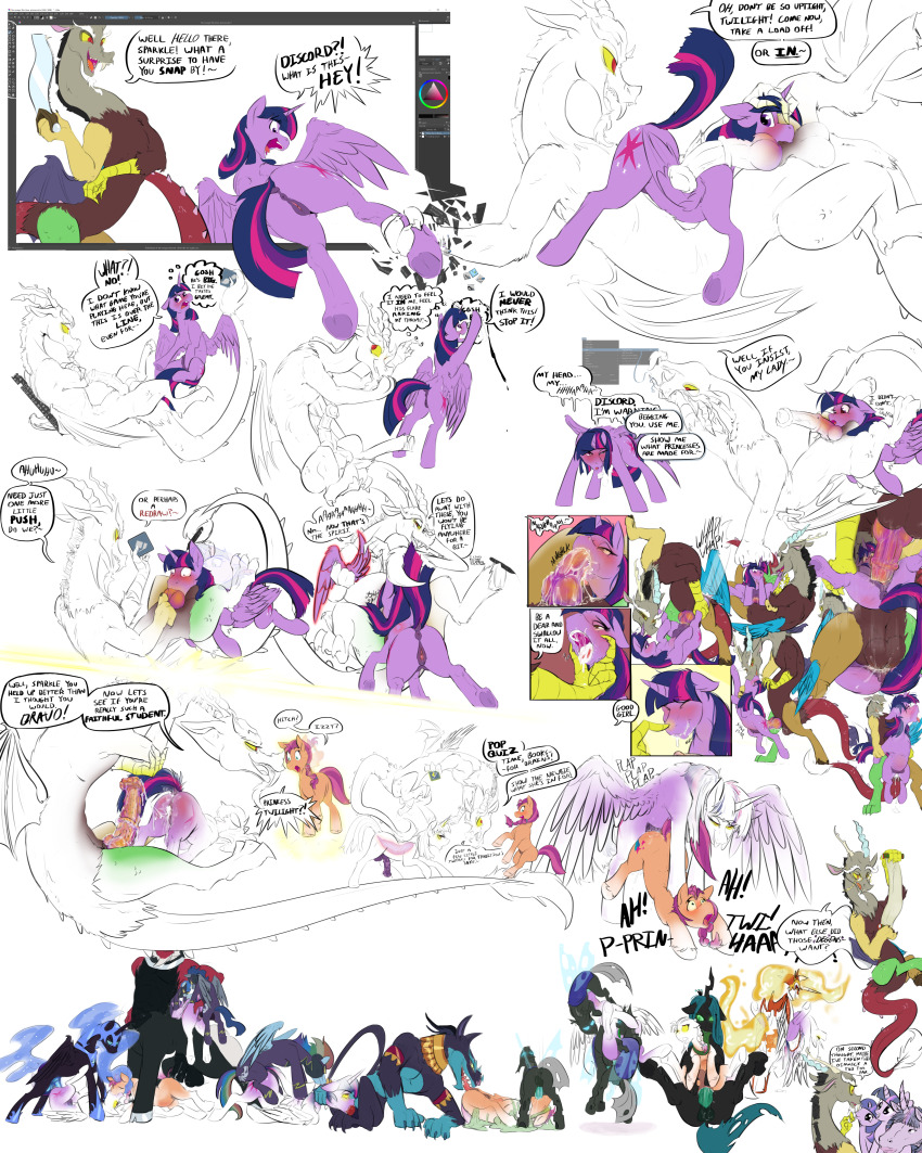 absurdres animals_only comic corruption cum cum_in_mouth cum_on_face daybreaker dialogue discord drool empty_eyes femdom femsub futanari glowing_eyes horse jewelry kneeling maledom mind_break my_little_pony nightmare_moon open_mouth penis queen queen_chrysalis shattered_will_(art_pack) speech_bubble sunny_starscout tagme text thought_bubble transformation twilight_sparkle unicorn_girl wings