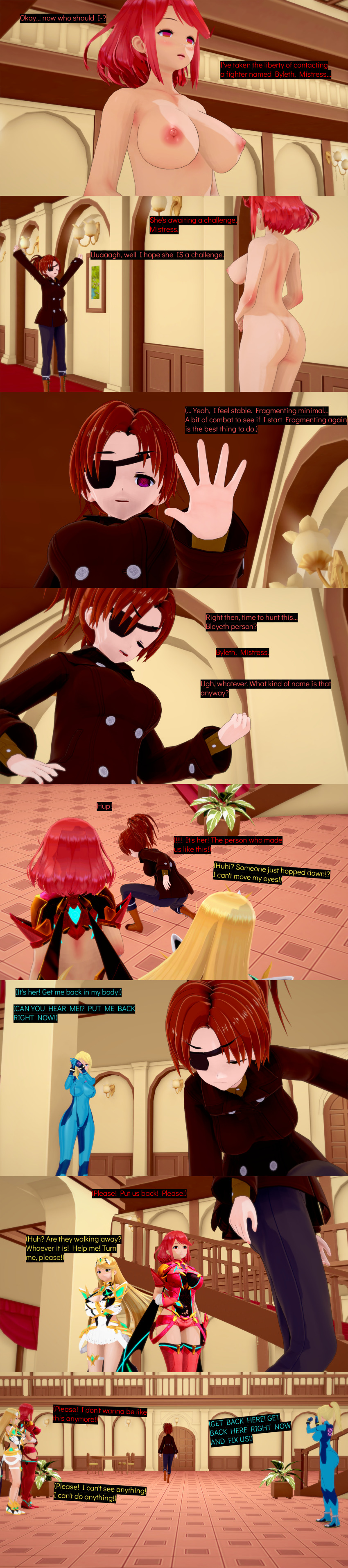 absurdres blonde_hair blue_eyes breasts censored closed_eyes clothed cyanstargazer dialogue empty_eyes english_text expressionless eyepatch femdom femsub metroid_(series) multiple_girls multiple_subs mythra_(xenoblade) nintendo nipples nude ponytail pussy pyra_(xenoblade) red_hair samus_aran short_hair super_smash_bros. text xenoblade_chronicles xenoblade_chronicles_2 yellow_eyes zero_suit