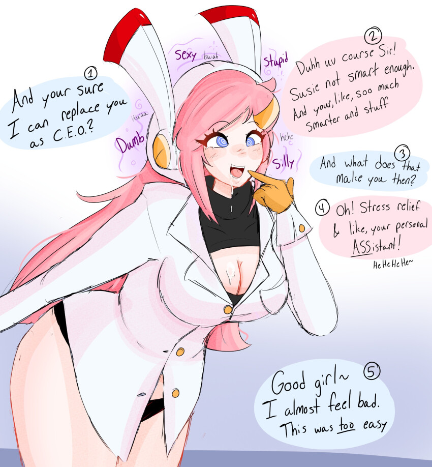 a_singular_fish antenna bare_legs bimbofication blue_eyes blush bra brain_drain cleavage cleavage_cutout cuffs demotion drool earpiece eyebrows_visible_through_hair female_only femsub finger_to_mouth gloves gradient_background grey_background hairpin happy_trance hoodie jacket kirby_(series) large_breasts leaning_forward long_hair nintendo office_lady open_mouth panties pink_hair simple_background smile solo spiral_eyes susie_(kirby) underwear unfocused_eyes wide_hips