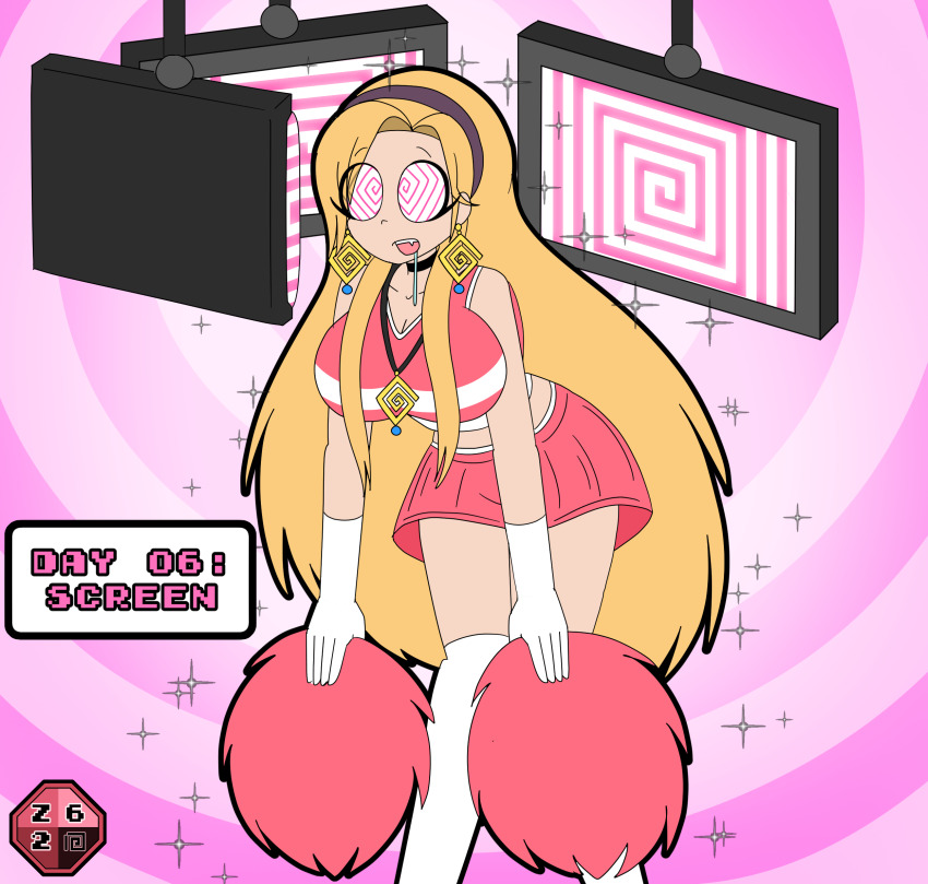 bangs blonde_hair breasts cheerleader choker drool earrings femsub gloves hypnotic_screen hypnovember kneehighs large_breasts long_hair necklace open_mouth opera_gloves original skirt spiral_background spiral_eyes tagme tv v-nettle_(nettleseeds) very_long_hair zombi62