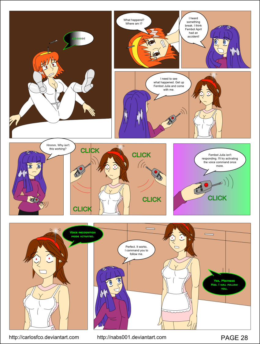 april_o&#039;neil ass brown_hair carlosfco comic dialogue fembot femdom femsub julia_(carlosfco) kigi_(carlosfco) large_breasts long_hair maid nabs001_(colorist) orange_hair original purple_hair short_hair tech_control teenage_mutant_ninja_turtles text trance_break
