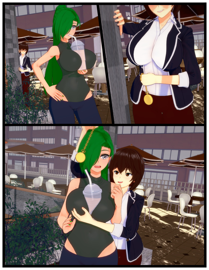 3d brown_hair comic female_only femsub green_hair hana_(thehguy) kai_hyouka_(sleepy_kai) koikatsu! original pocket_watch thehguy