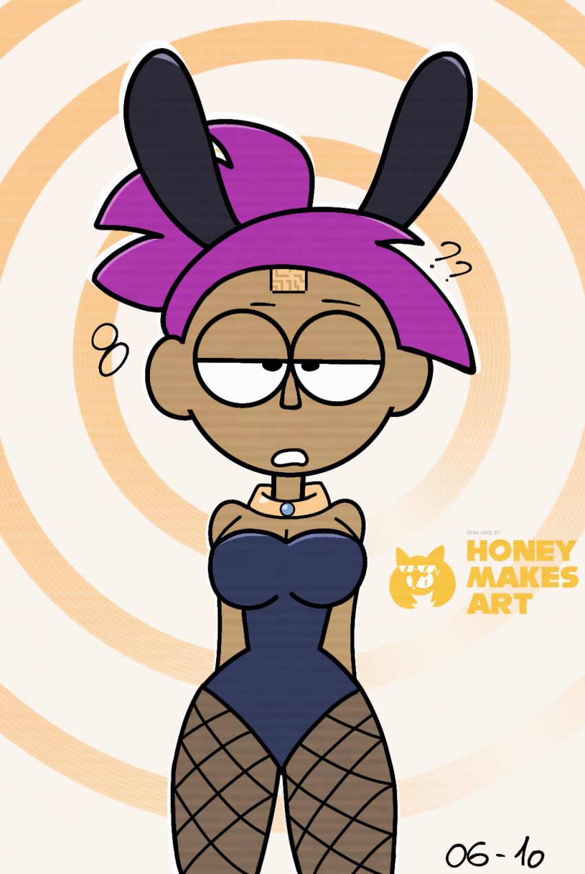arms_behind_back bunny_ears bunnysuit confused enid_(ok_ko) femsub honeymakesart looking_at_viewer microchip ok_k.o.!_let&#039;s_be_heroes signature simple_background standing tech_control unaware