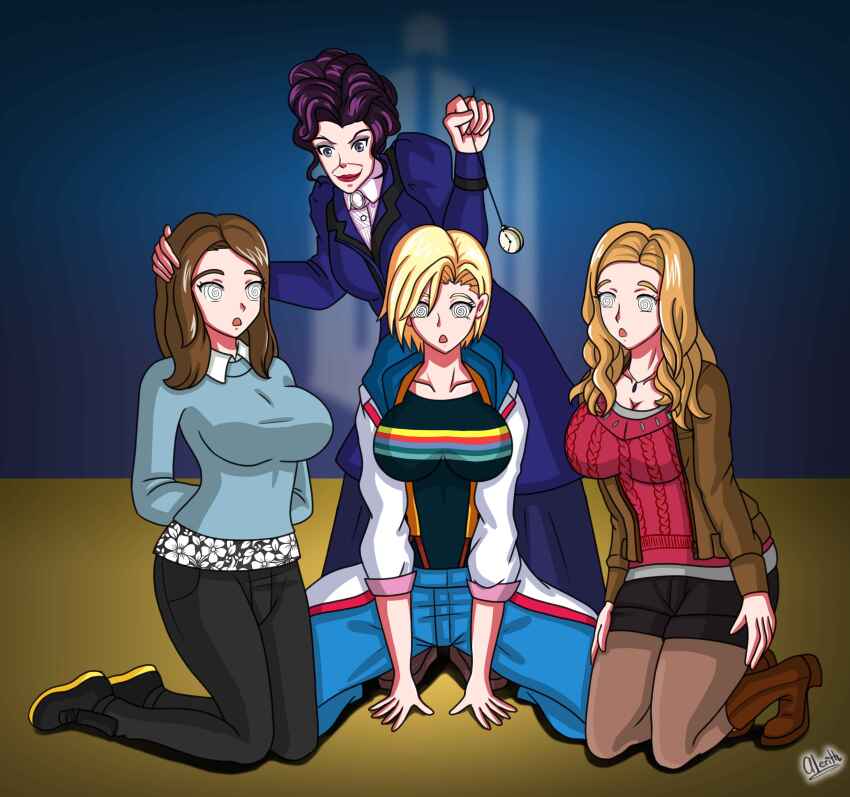 alerith amy_pond blonde_hair brown_hair clara_oswald doctor_who_(series) expressionless female_only femdom femsub missy_(doctor_who) open_mouth orange_hair pocket_watch purple_hair spiral_eyes the_doctor the_master thirteenth_doctor