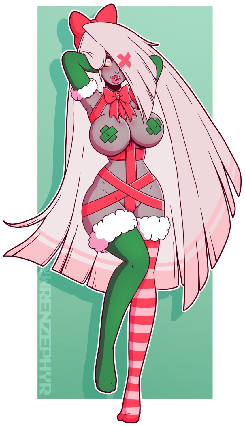 armpits arms_above_head blush bow breasts christmas female_only femsub gloves hazbin_hotel heart heart_eyes huge_breasts large_lips lip_expansion naked_ribbon opera_gloves ribbon ribbon_bondage solo symbol_in_eyes thighhighs vaggie_(hazbin_hotel) wrenzephyr2