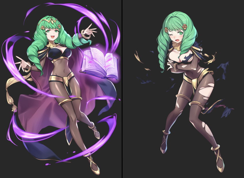 ai_art amadeus_(generator) blush book breasts cape clothed corruption cosplay costume crossed_arms empty_eyes female_only femsub fire_emblem fire_emblem_awakening fire_emblem_three_houses flayn_(fire_emblem_three_houses) floating green_eyes happy_trance high_heels levitation looking_at_viewer magic nintendo one_eye_open simple_background smile solo sweat tharja torn_clothes
