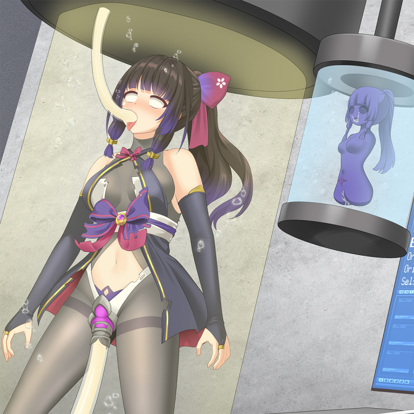 bare_shoulders black_hair blush bodysuit bow corruption crotch_tattoo cum empty_eyes eye_roll female_only femsub fingerless_gloves force_feeding gloves jewelry magical_girl monitor mvv navel open_mouth opera_gloves original pantyhose ponytail purple_hair ribbon sex_machine skirt stasis_tank statue straight-cut_bangs tattoo tongue tongue_out torn_clothes vaginal whitewash_eyes